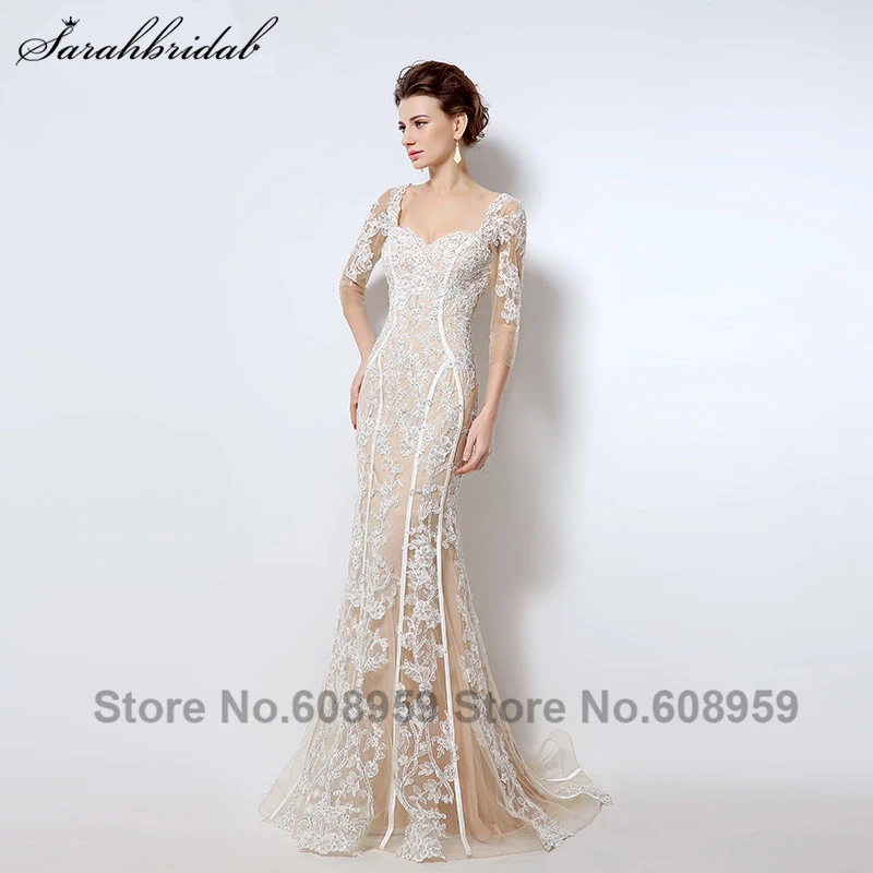 Nude Cut Back Mermaid Evening Dresses New Fashion Crystal Lace Three Quarter Sleeve Long Prom Gown Vestido De Festa LSX013
Nude Cut Back Mermaid Evening Dresses New Fashion Crystal Lace Three Quarter Sleeve Long Prom Gown Vestido De Festa LSX013