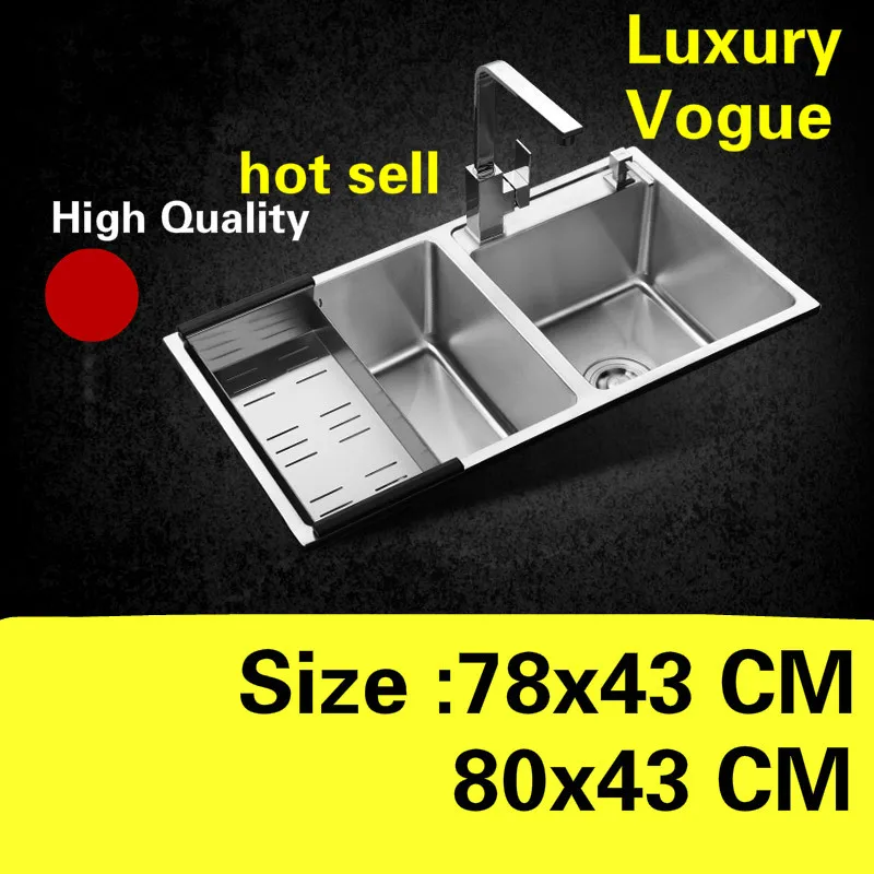 

Free shipping Apartment wash vegetables kitchen manual sink double groove 304 stainless steel luxury hot sell 78x43/80x43 CM