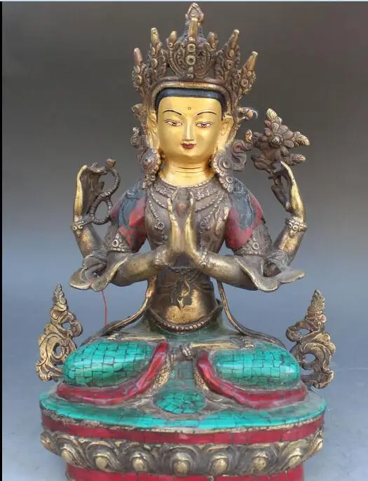 free 12"Tibet Bronze plated Turquoise Coral 4-Arms Chenrezig Buddha Statue fast
free 12"Tibet Bronze plated Turquoise Coral 4-Arms Chenrezig Buddha Statue fast