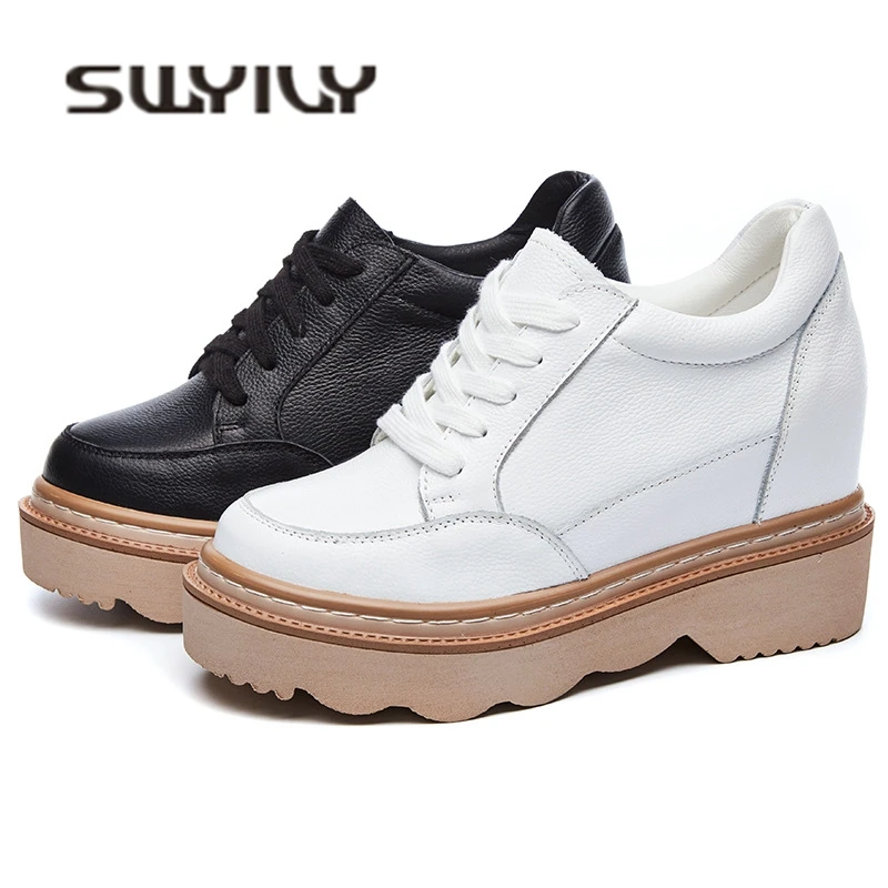 SWYIVY Genuine Leather Lacing Up Sneakres Shoes Woman Platform 2018 Autumn New Female White Casual Shoes Quality Wedge Sneakers