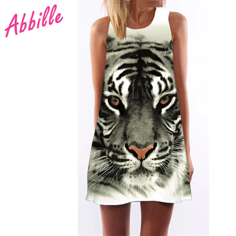 Abbille горячий продавать белый рукавов танк dress тигр отпечатано животных o шеи 2017