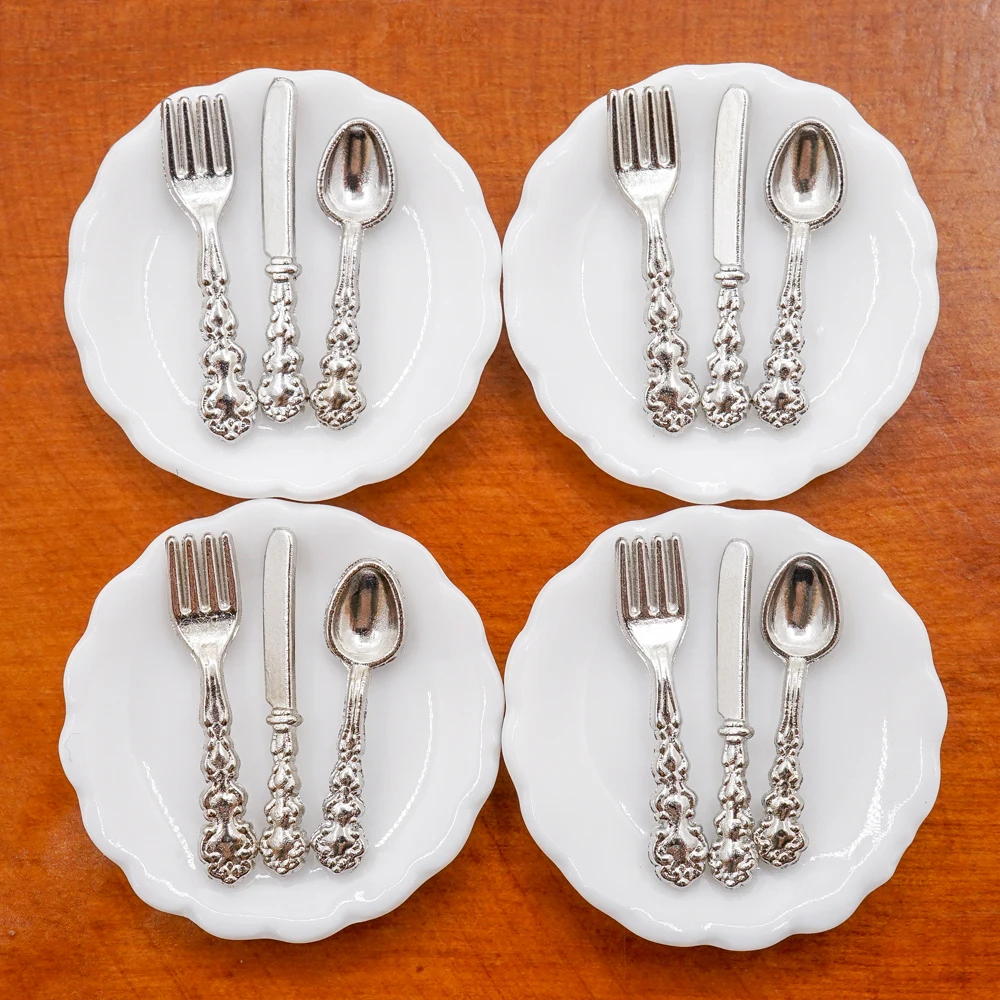 

Odoria 1:12 Miniature 4Pcs Plates and 12Pcs Knife Fork Spoon Set Cutlery Tableware Kitchen Dollhouse Accessories Decoration