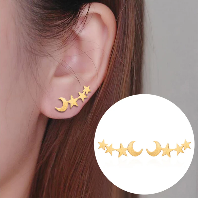 1Pair Moon Silver Cute mini Unique Exquesite Stud Earring Rose Golden Golden Star Campus style birthday Earring gift girls