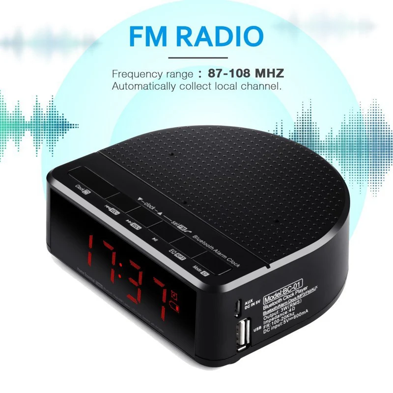 SODIAL Digital Alarm Clock Radio with Bluetooth Speaker,Red Digit Display with 2 Dimmer,FM radio USB Port Bedside led Alarm Clock. 