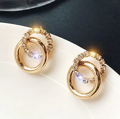 Simple Fashion Double Round Anti-allergy Gold Earring Ladies Crystal Earrings Jewelry Gifts | Украшения и аксессуары