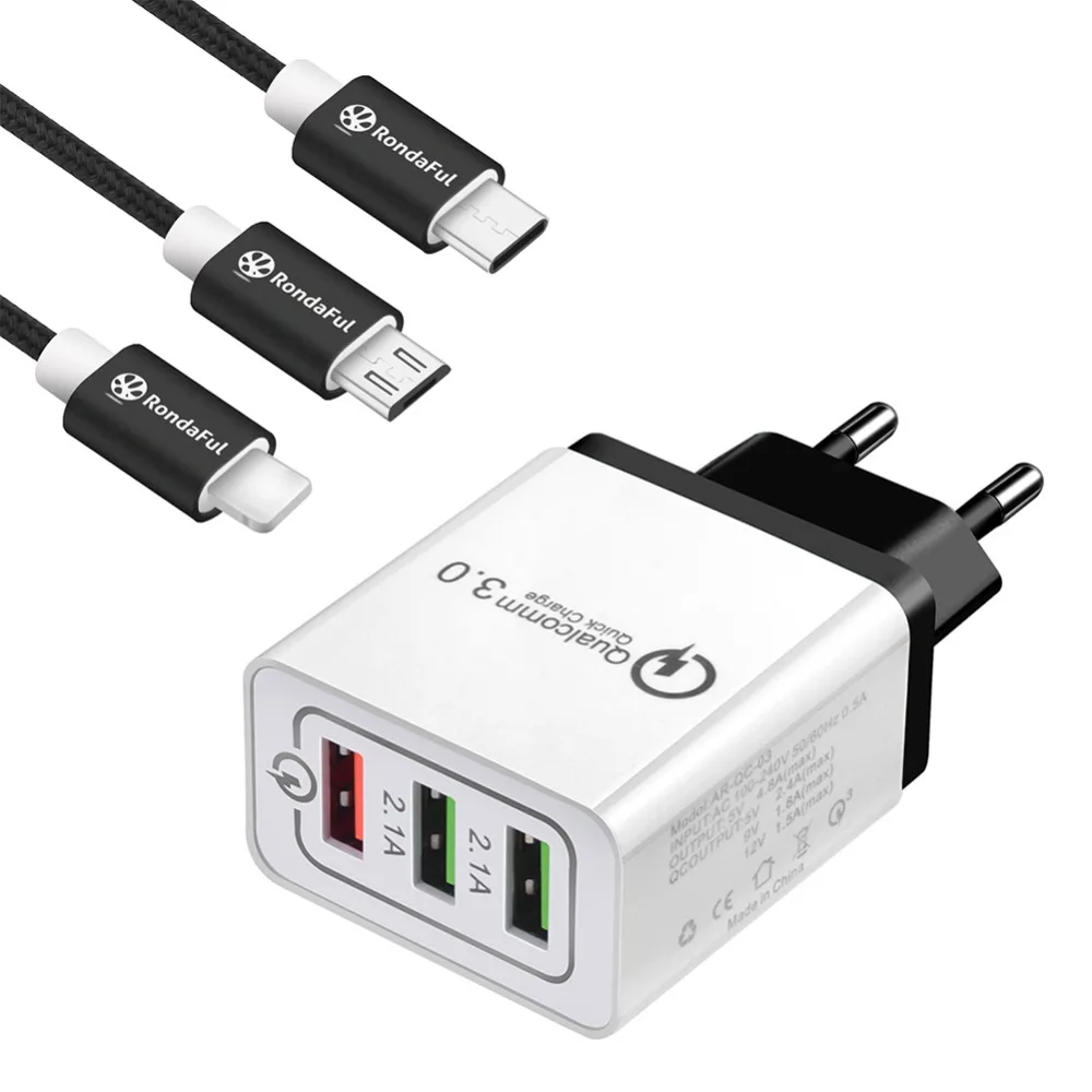 Quick charger 3.0 EU PLUG 3 USB Port Travel charger QC3.0 mobile phone charger+ Micro USB Type-c Charging Cable For Smart phone
Quick charger 3.0 EU PLUG 3 USB Port Travel charger QC3.0 mobile phone charger+ Micro USB Type-c Charging Cable For Smart phone
