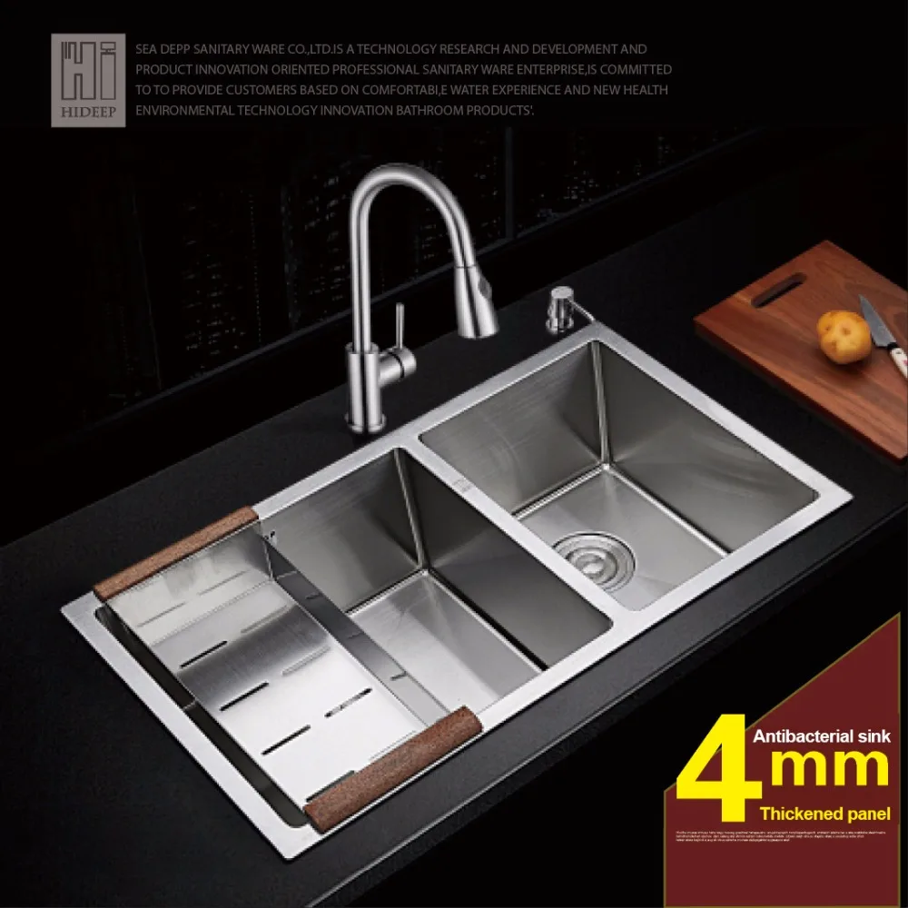 

HIDEEP Kitchen Manual Sink Double Groove Thickening Drawing 304 Stainless Steel Integrated Platform To Go Down The Basin Bowl