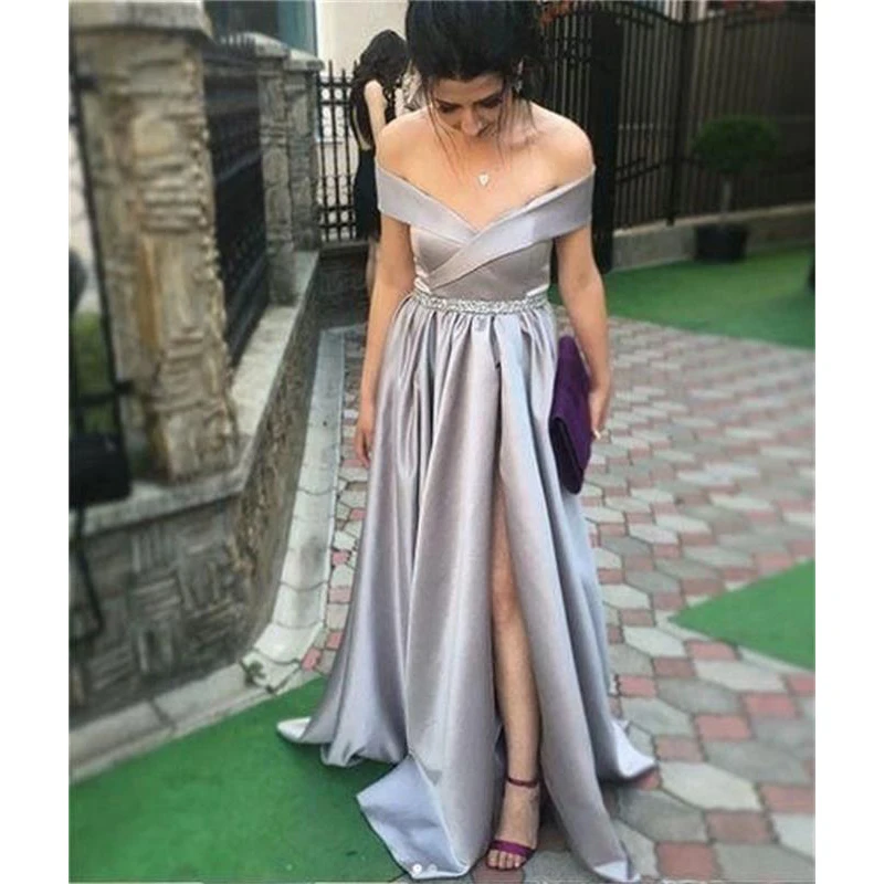 Sliver Long Prom Dresses V-Neck Off The Shoulder Split Side Floor Length Formal Evening Dress Party Gowns 2019
Sliver Long Prom Dresses V-Neck Off The Shoulder Split Side Floor Length Formal Evening Dress Party Gowns 2019