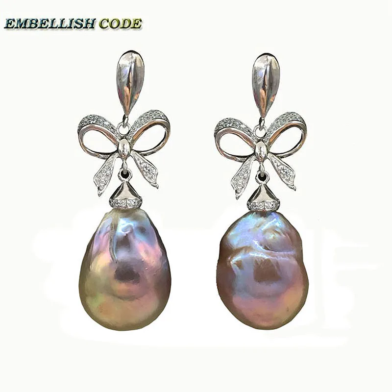 

baroque pearls Bowknot style noble dangle earrings purple golden color flame ball tissue freshwater pearl 925 silver for women