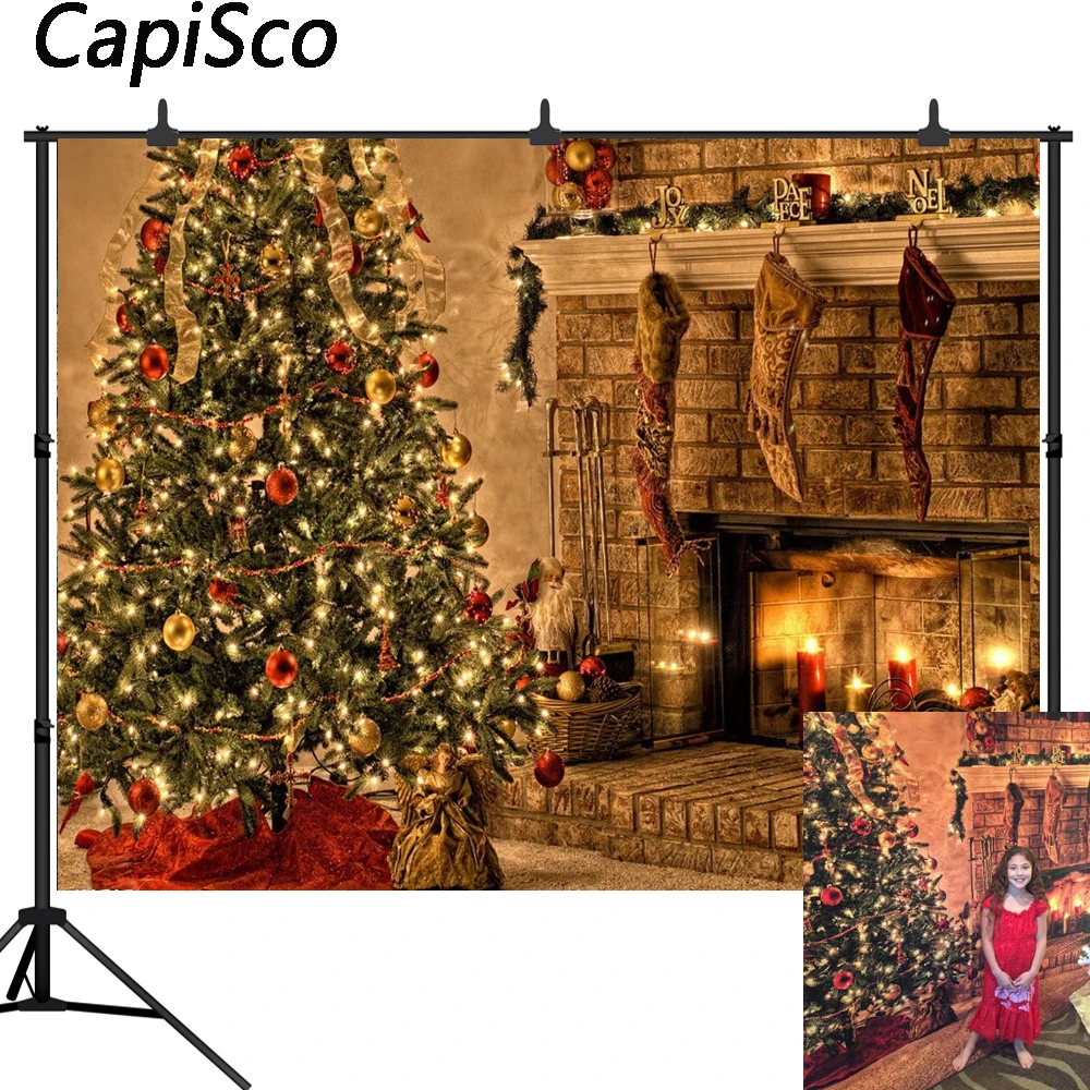 

Capisco Indoor Fireplace Merry Christmas Photo Background Printed Xmas Tree Toy Kids New Year Photography Backdrops