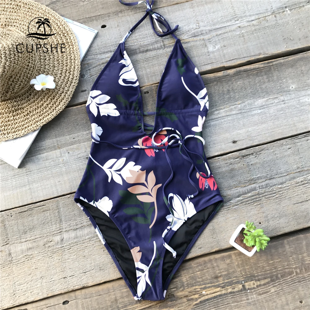 

CUPSHE Moody Hues Flora Print One-piece Swimsuit Women V-neck Lace Up Backless Monokini 2018 New Beach Bathing Suit Swimsuits