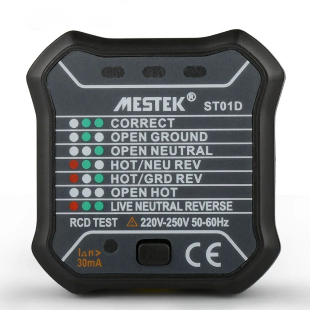 MESTEK ST01D Socket Outlet Tester Circuit Polarity Voltage Detector Wall Plug Breaker Finder RCD Test 220V - 250V EU Plug
MESTEK ST01D Socket Outlet Tester Circuit Polarity Voltage Detector Wall Plug Breaker Finder RCD Test 220V - 250V EU Plug