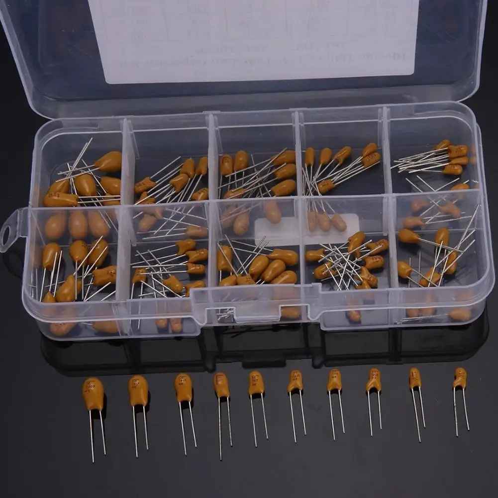 100pcs 1uf-100uf High Precision 16V 10 Value Tantalum Capacitor Assorted Kit (Box Packing)
100pcs 1uf-100uf High Precision 16V 10 Value Tantalum Capacitor Assorted Kit (Box Packing)