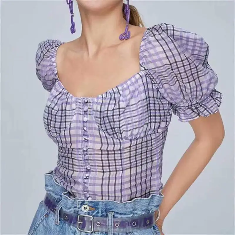2019 Fashion purple Plaid Print Short Blouse Sexy Backless Crop Top Summer Short sleeve Casual Women Shirt Female blusas M076
2019 Fashion purple Plaid Print Short Blouse Sexy Backless Crop Top Summer Short sleeve Casual Women Shirt Female blusas M076