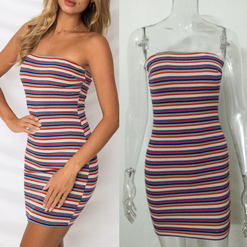 Women Casual Summer Short Dress Sleeveless Rainbow Striped Sheath Dress Women Slim Fit Dresses Sexy Strapless Bodycon Mini Dress
Women Casual Summer Short Dress Sleeveless Rainbow Striped Sheath Dress Women Slim Fit Dresses Sexy Strapless Bodycon Mini Dress