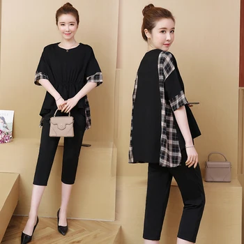 Summer new womens larg black suit ladies Korean loose round neck plaid short-sleeved top + cropped trousers casual sets L-5XL 
Summer new womens larg black suit ladies Korean loose round neck plaid short-sleeved top + cropped trousers casual sets L-5XL