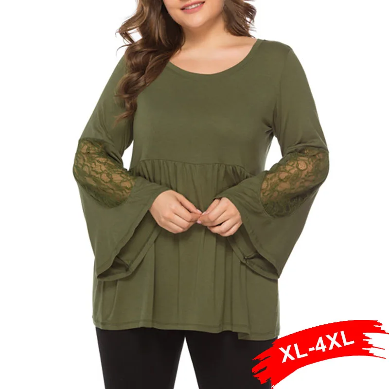 Plus Size 5Xl Sheer Lace Insert Army Green Blouse O Neck Flared Long Sleeve Back Bow Lace Up Solid Tunic Shirt Ladies Tops Blusa
Plus Size 5Xl Sheer Lace Insert Army Green Blouse O Neck Flared Long Sleeve Back Bow Lace Up Solid Tunic Shirt Ladies Tops Blusa
