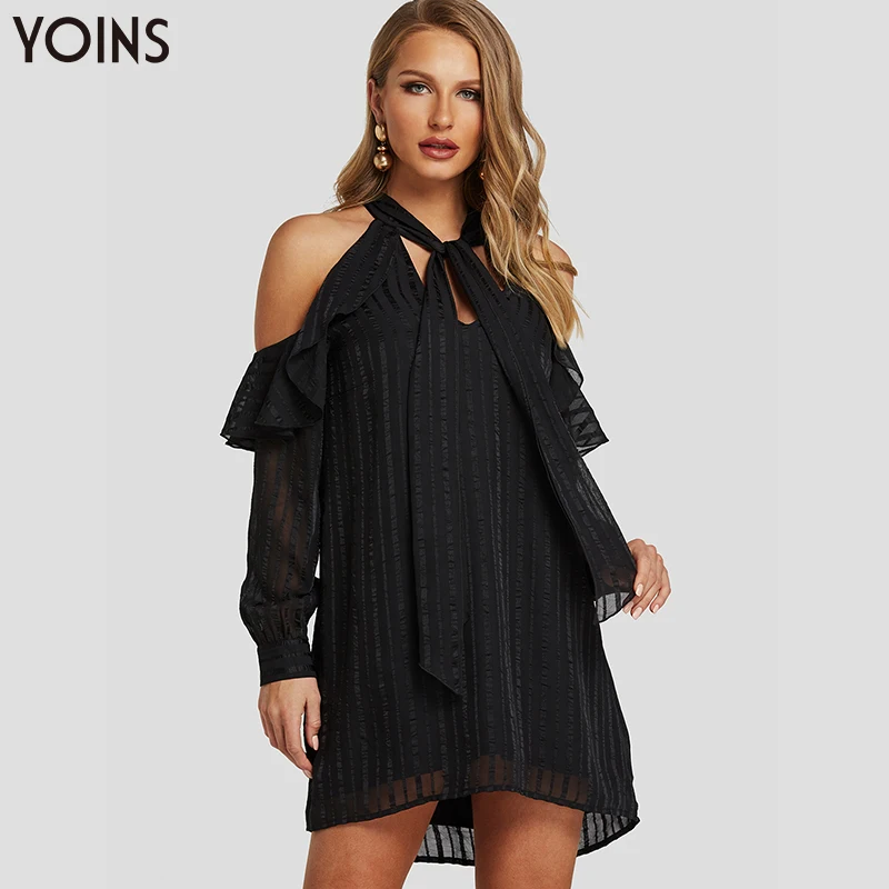 

YOINS 2019 Summer Autumn Women Dress Off Shoulder Vintage Vestidos Halter Long Sleeve Mini Dress Black Party Loose Sundress