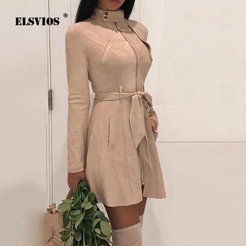 ELSVIOS 2018 осеннее замшевое кожаное платье женское с длинным рукавом и поясом