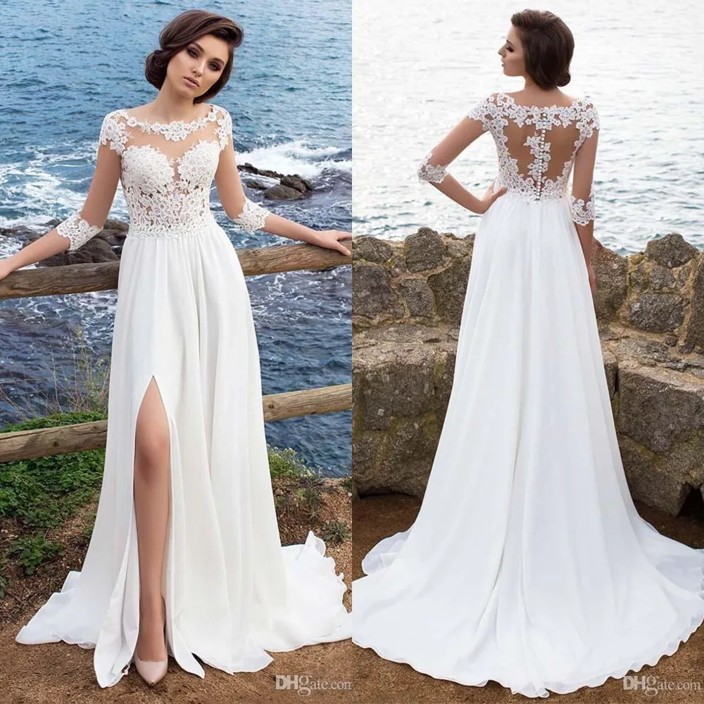Chiffon Beach Bohemian Wedding Dresses with Sleeve Custom Made Sexy Split Lace Appliques Sheer Bridal Dress Illusion Back
Chiffon Beach Bohemian Wedding Dresses with Sleeve Custom Made Sexy Split Lace Appliques Sheer Bridal Dress Illusion Back