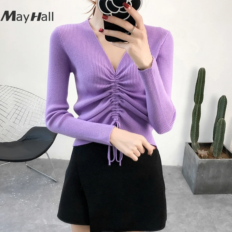 MayHall Autumn Solid Ribbed Knitted Female Sweater Ruched V Neck Long Sleeve Pullover Drawstring Skinny Basic moda coreana MH315
MayHall Autumn Solid Ribbed Knitted Female Sweater Ruched V Neck Long Sleeve Pullover Drawstring Skinny Basic moda coreana MH315