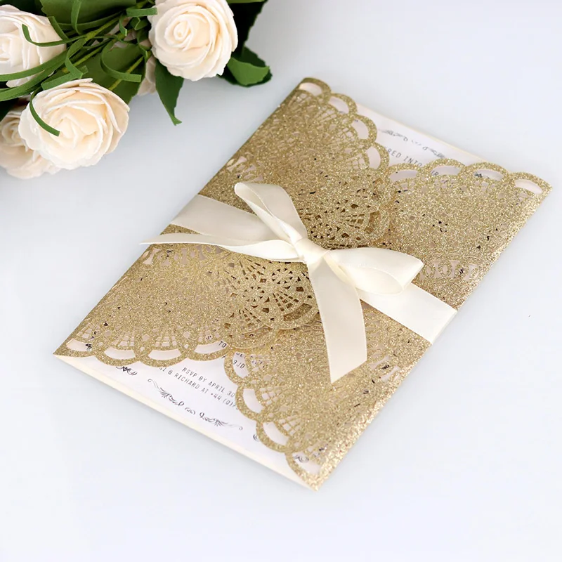 100pcs Gold Laser Cut Wedding Invitation Card Lace Glitter Greeting Card Cover with Ribbon Birthday Wedding Party Favor Supplies
100pcs Gold Laser Cut Wedding Invitation Card Lace Glitter Greeting Card Cover with Ribbon Birthday Wedding Party Favor Supplies