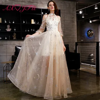 AXJFU luxury princess champagne lace evening dress halter vintage sparkly half sleeves sparkly beach evening dress
AXJFU luxury princess champagne lace evening dress halter vintage sparkly half sleeves sparkly beach evening dress