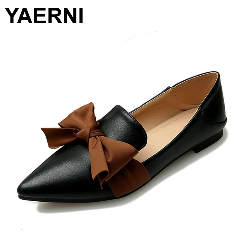 YAERNI Large Size Shoes Women Spring Flat Point Toe Flats Female PU Leather Summer For Teenage Girls Butterfly-knot | Обувь
