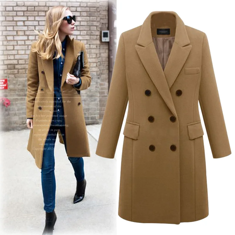 Фото Женское длинное пальто из смесовой шерсти с карманами и отложным воротником на