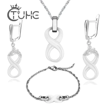Simple Style Shinning CZ Crystal Pendant Jewelry Sets Infinity Eight White Ceramic Necklace & Bracelet & Dangle Drop Earring Set
Simple Style Shinning CZ Crystal Pendant Jewelry Sets Infinity Eight White Ceramic Necklace & Bracelet & Dangle Drop Earring Set