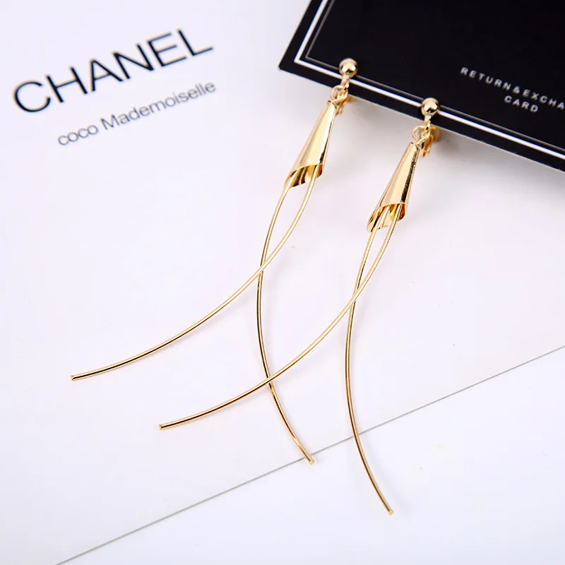 

Double Thin Curved Stick Crossing Tassel Golden Metallic Dangle Earrings Drop Earrings for Women
