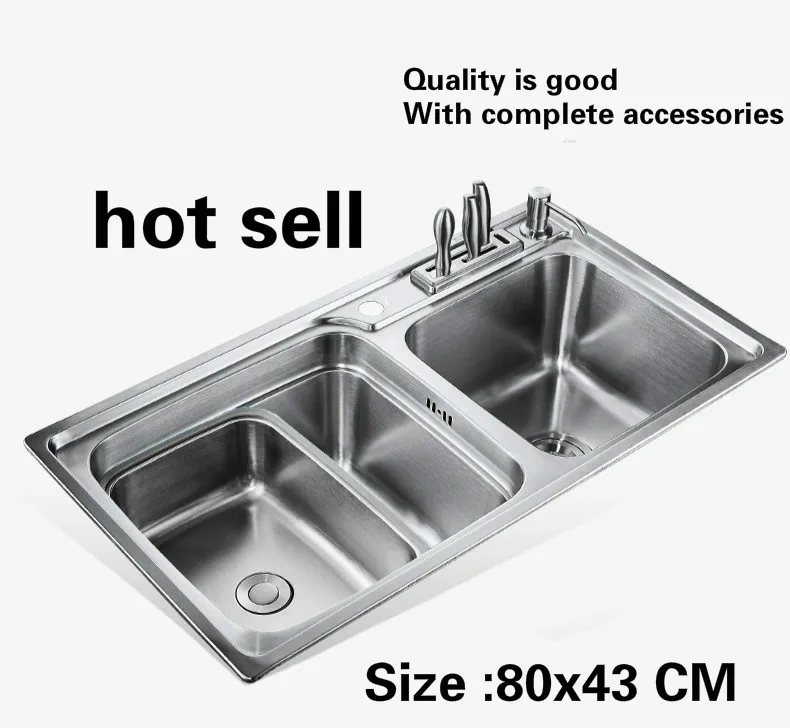 

Free shipping Household standard big kitchen double groove sink do the dishes food grade 304 stainless steel hot sell 800x430 MM