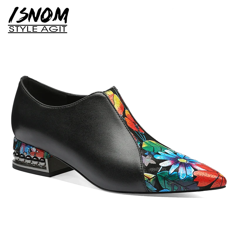 ISNOM Stud Thick Heels Rivets Pump Women Pointed Toe Footwear Flower Print Cow Leather Shoes Female Zip Casual Shoes 2019 Spring 
ISNOM Stud Thick Heels Rivets Pump Women Pointed Toe Footwear Flower Print Cow Leather Shoes Female Zip Casual Shoes 2019 Spring