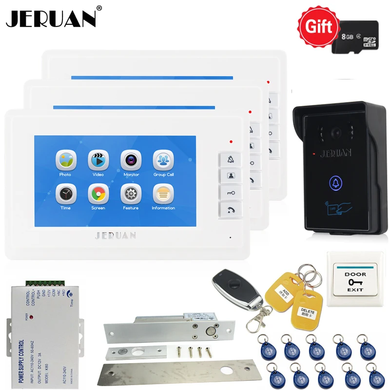 

JERUAN 7`` TFT Video door phone Video/voice Recording Intercom System kit 3 white Monitors + Waterproof RFID Access Camera 1V3