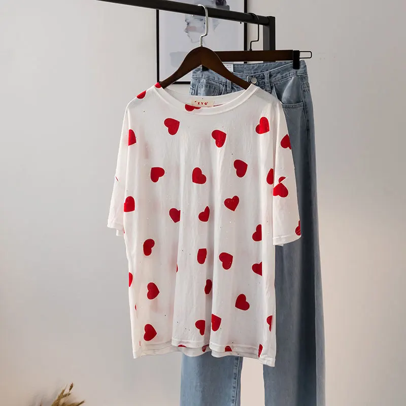 Harajuku Cottontee Shirt Femme Loose Casual Cute Red Heart Printed Tee Tops Plus Size O Neck Vintage Streetwear Women Tshirt
Harajuku Cottontee Shirt Femme Loose Casual Cute Red Heart Printed Tee Tops Plus Size O Neck Vintage Streetwear Women Tshirt