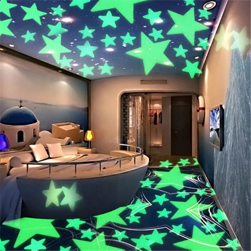100pcs Glow In The Dark Luminous 3D Stars Moon Sticker Home Wall Room Decor DIY