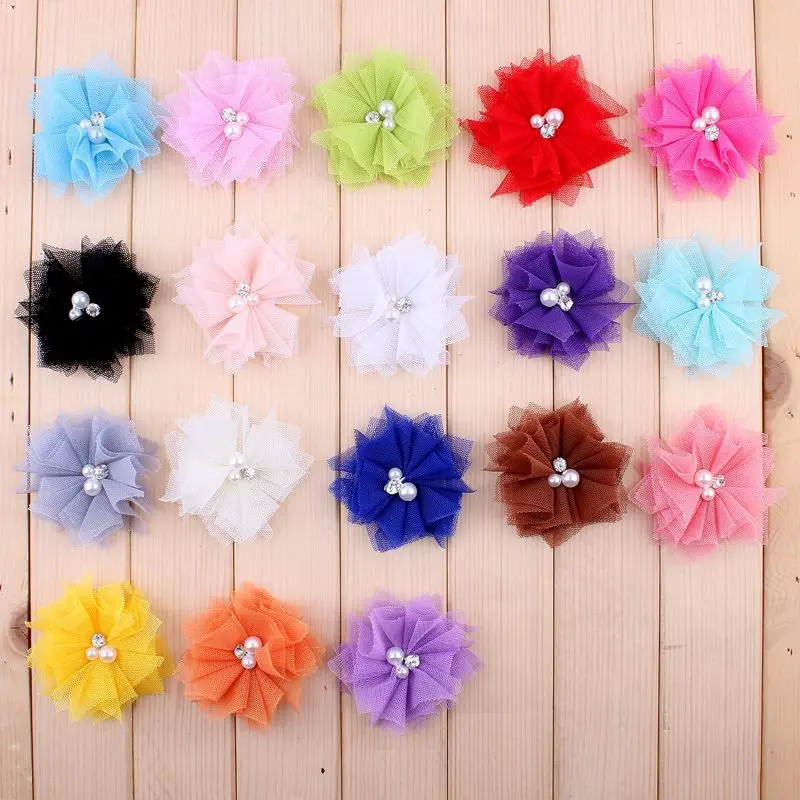 

120pcs/lot 6.5cm 18colors DIY Soft Chic Mesh Hair Flowers With Rhinestones+Pearls Artificial Fabric Flowers For Kids Headbands