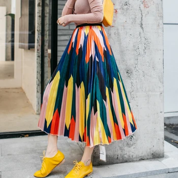 Euro-American Womens Skirts Color-striped Pleated Long Skirts Color Block Rainbow Pleated Mid-calf Long Skirts
Euro-American Womens Skirts Color-striped Pleated Long Skirts Color Block Rainbow Pleated Mid-calf Long Skirts