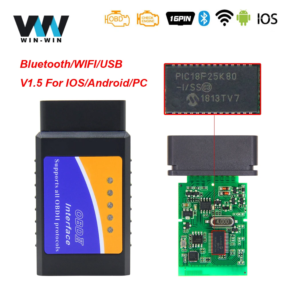 

ELM 327 V1.5 PIC18F25K80 obd2 bluetooth wifi usb Scanner For Android/IOS/PC ELM327 V1.5 obd 2 obd2 1.5 Car Diagnostic Auto Tool