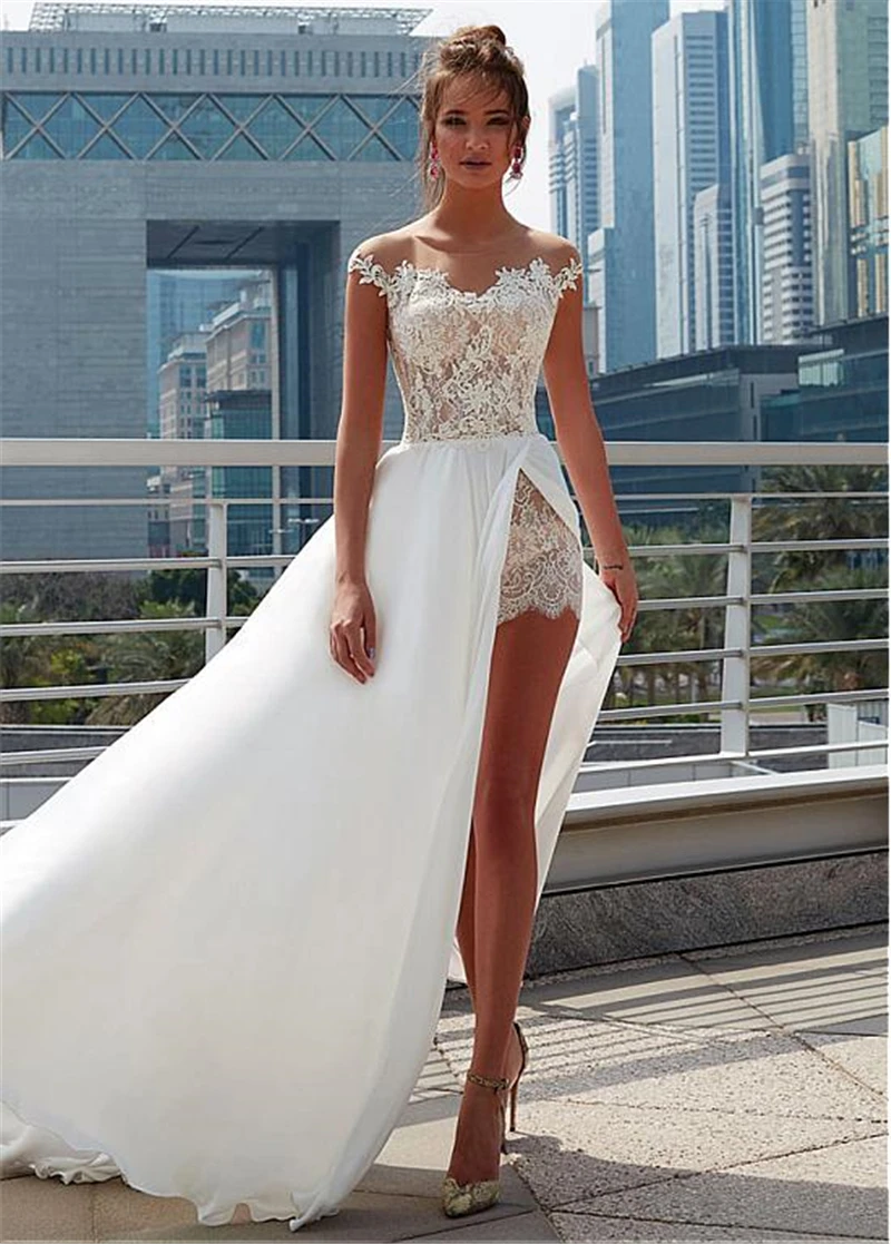 Charming Chiffon Sheer Jewel Lace Appliques Front Slit Beach Wedding Dress 2019 Boho Sofuge Vestido De Noiva Dubai Arabic
Charming Chiffon Sheer Jewel Lace Appliques Front Slit Beach Wedding Dress 2019 Boho Sofuge Vestido De Noiva Dubai Arabic