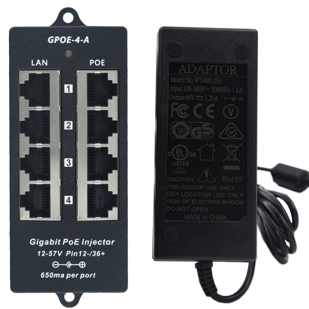4 Port Gigabit Power over Ethernet PoE Injector for 802.3af/Passive 802.3at Devices with 48v60w Power Supply: GPOE-4A-48v60w
4 Port Gigabit Power over Ethernet PoE Injector for 802.3af/Passive 802.3at Devices with 48v60w Power Supply: GPOE-4A-48v60w