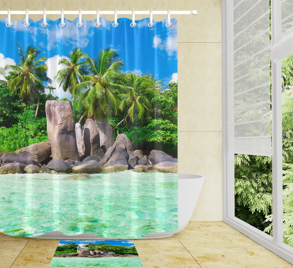 Sea Island Coconut Tree stone Forest Shower Curtain Fabric Polyester Fabric Bathroom Curtain Set With Mat&Hooks Customized Print
Sea Island Coconut Tree stone Forest Shower Curtain Fabric Polyester Fabric Bathroom Curtain Set With Mat&Hooks Customized Print