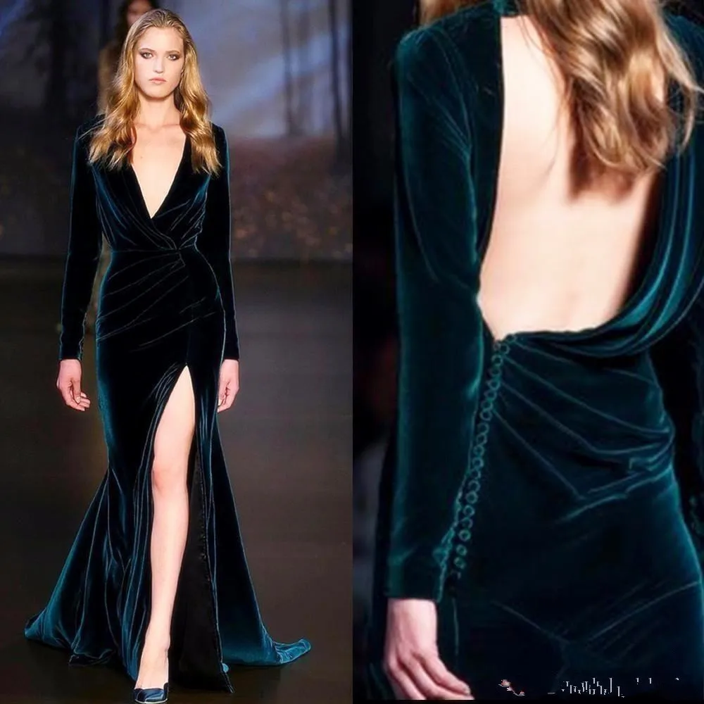 2019 V Neck Velvet Long Sleeves Evening Dresses Ruched Backless Split Backless Runway Formal Party Evening Gowns
2019 V Neck Velvet Long Sleeves Evening Dresses Ruched Backless Split Backless Runway Formal Party Evening Gowns