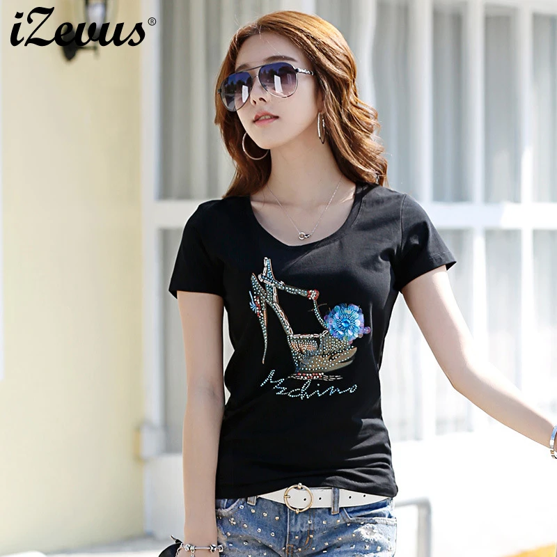 IZEVUS Women Cotton T-Shirts Crystal Print High Heels Ladies Shirt Short Sleeve Cotton Knitted Stretch T-shirt Female
IZEVUS Women Cotton T-Shirts Crystal Print High Heels Ladies Shirt Short Sleeve Cotton Knitted Stretch T-shirt Female