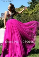 2014 Sexy Summer Fuschia Crystal V Neck Long Chiffon Sheer Prom Fiesta Evening Gown Dresses A1982