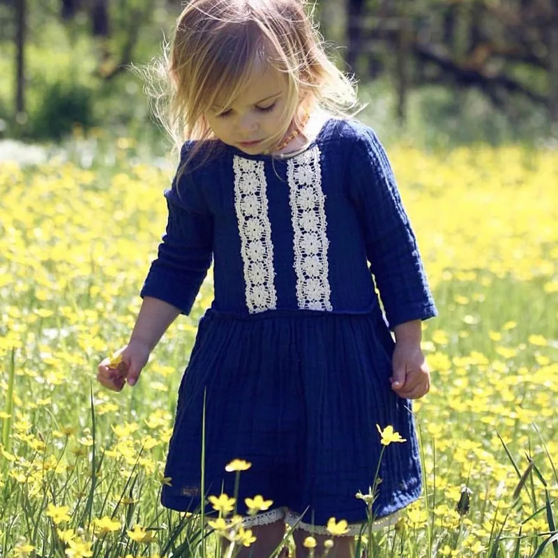 Mother nest Lone Sleeves Baby Girl Lace Dress Dark Blue Linen Cute Newborn Clothes Dresses Children Simple Cotton 1st Birthday (26)