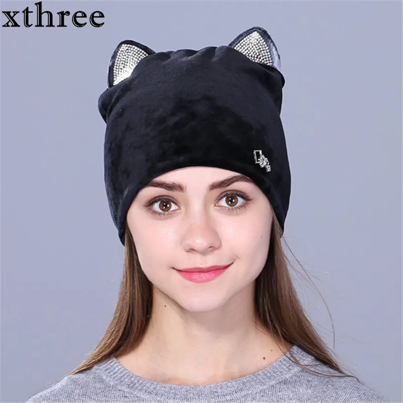 

Xthree Flannelette Autumn Skullies Beanies for Women Winter Hat Cute Kitty Children Hat for Girls Gorras
