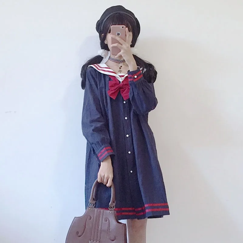 Harajuku Sailor Collar Navy Dress Japanese Fashion Sweet Bow Soft Sister Girl Lovely Cotton Kawaii Preppy Full Sleeve Dresses
Harajuku Sailor Collar Navy Dress Japanese Fashion Sweet Bow Soft Sister Girl Lovely Cotton Kawaii Preppy Full Sleeve Dresses