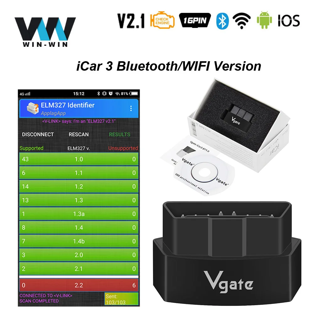 

Vgate iCar3 elm327 V2.1 Bluetooth For Android/PC/IOS iCar 3 OBD2 Auto diagnostic scanner WIFI OBDII Code Reader Better than V1.5