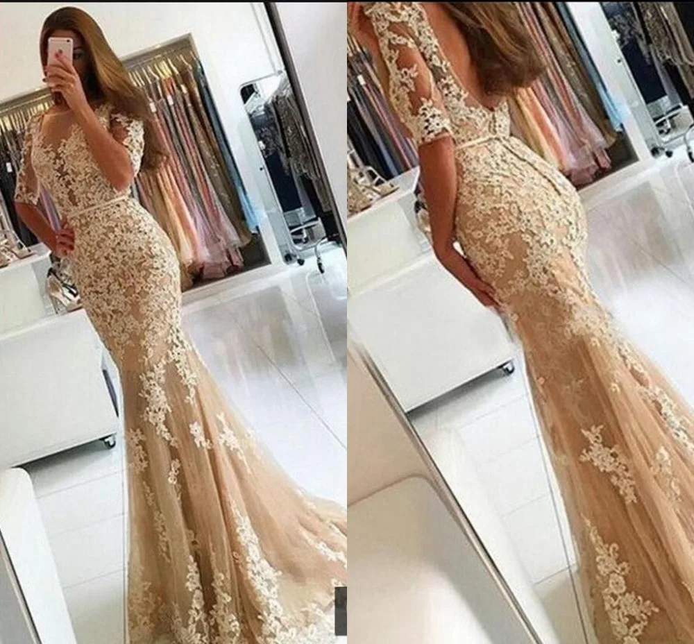 Sexy Champagne Mermaid Evening Dresses 2019 Vestido De Festa Half Sleeves Long Evening Gowns Appliques Beaded Lace Prom Dress
Sexy Champagne Mermaid Evening Dresses 2019 Vestido De Festa Half Sleeves Long Evening Gowns Appliques Beaded Lace Prom Dress